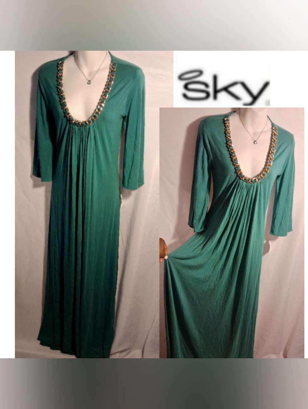 Sky Teal V-Neck Maxi Dress with Chain Trim.  Sz Med. NWTs
